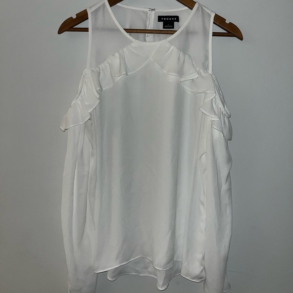 Trouve Womens Top - Large, Long Sleeve Ruffle Cold Shoulder Scoop Neck White - Picture 2 of 7